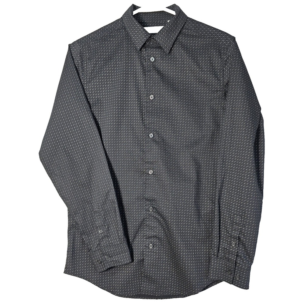 Calvin Klein Boys Shirt Black Diamond Pattern Long Sleeve Slim Stretch Size 16
